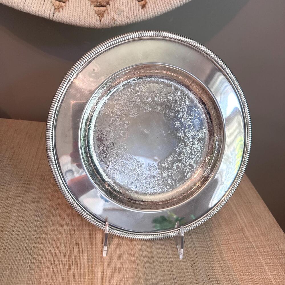 Vintage Wm Rogers Silver Embossed Tray 10" Bar Cart Decor